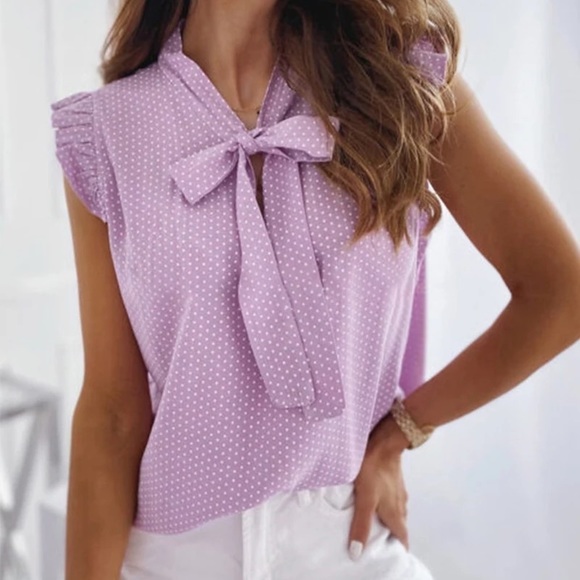 Elegant Ruffles Sleeveless Polka Pot Tie Bow Casual Oversize Pullover Tunic tops - Picture 6 of 7